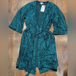 Teal Green Sequin Kimono Cardigan Duster